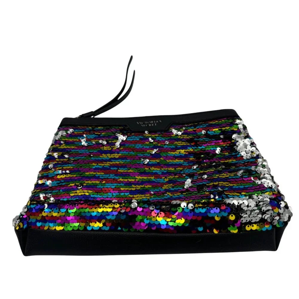 Victorias Secret Multicolor Sequin & Black Faux Leather Wristlet Clutch Bag